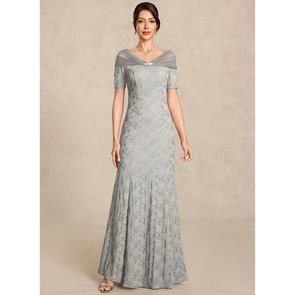 Elegant Sheath Off-Shoulder Short Sleeve Draped Grey Floor-Length Mother of the Bride Gown