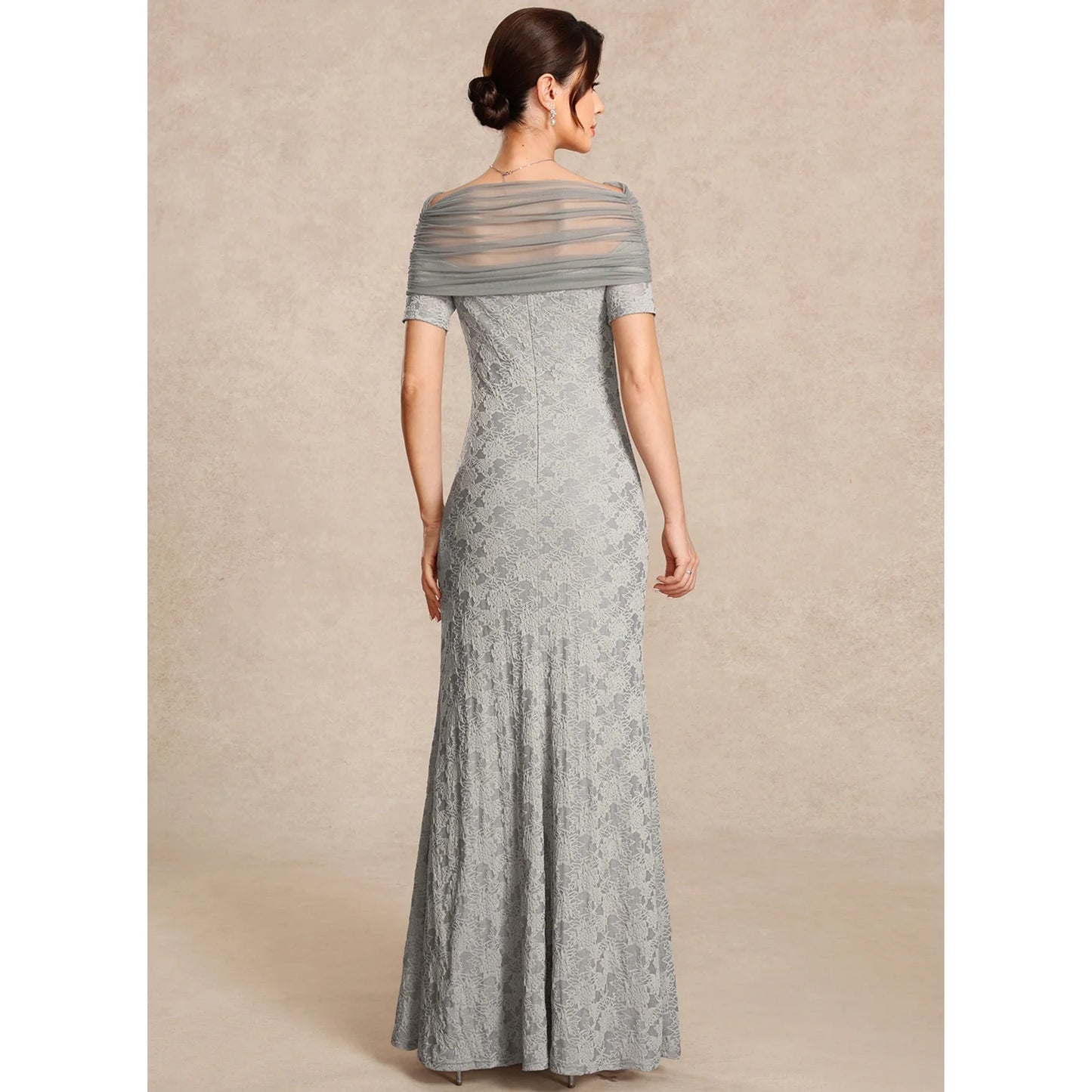 Elegant Sheath Off-Shoulder Short Sleeve Draped Grey Floor-Length Mother of the Bride Gown
