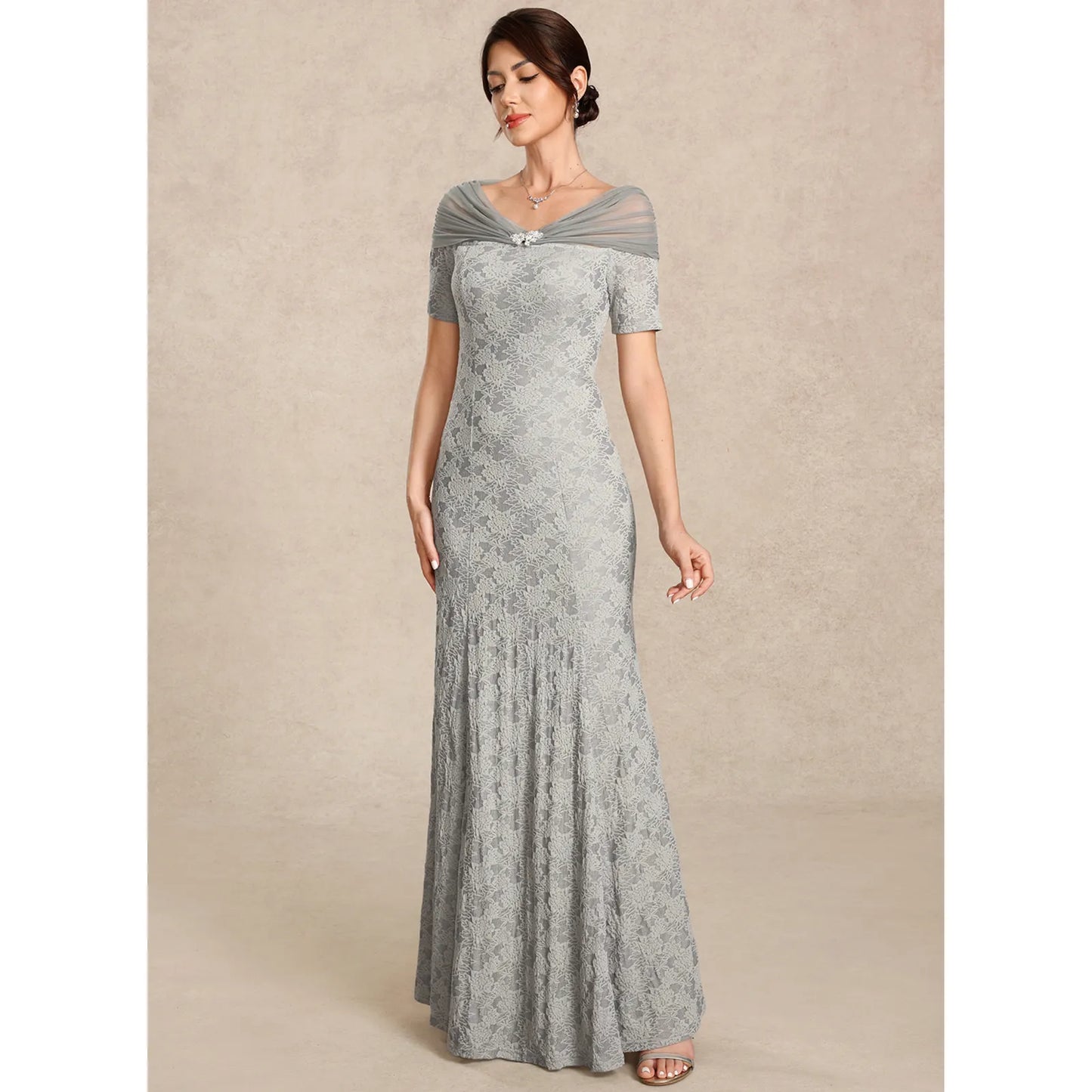 Elegant Sheath Off-Shoulder Short Sleeve Embellished Grey Floor-Length Mother of the Bride Gown