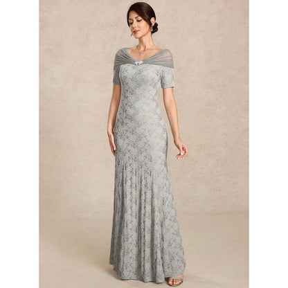 Elegant Sheath Off-Shoulder Short Sleeve Embellished Grey Floor-Length Mother of the Bride Gown