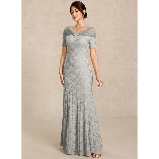 Elegant Sheath Off-Shoulder Short Sleeve Embellished Grey Floor-Length Mother of the Bride Gown