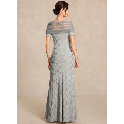 Elegant Sheath Off-Shoulder Short Sleeve Embellished Grey Floor-Length Mother of the Bride Gown