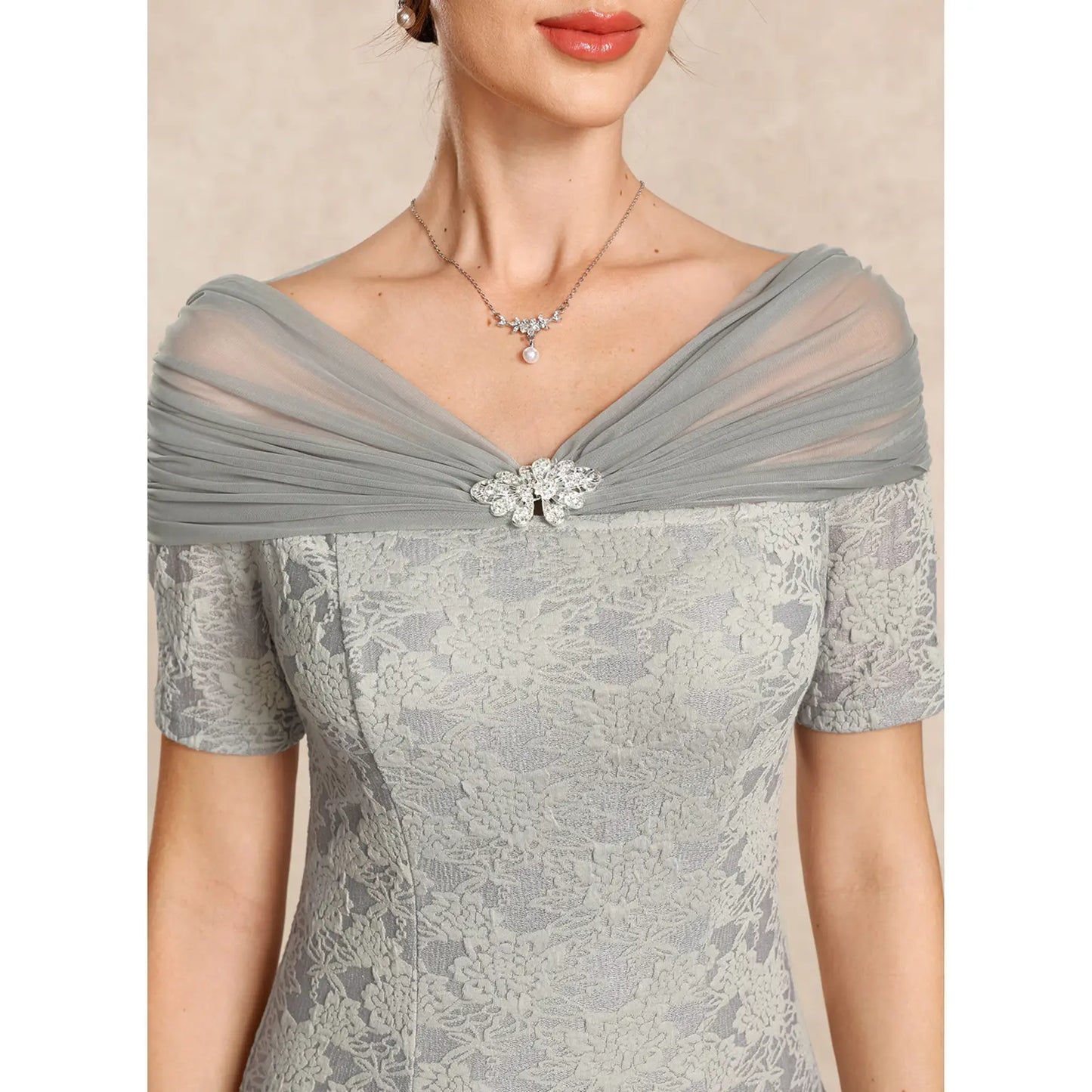 Elegant Sheath Off-Shoulder Short Sleeve Embellished Grey Floor-Length Mother of the Bride Gown