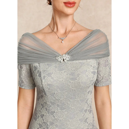 Elegant Sheath Off-Shoulder Short Sleeve Embellished Grey Floor-Length Mother of the Bride Gown