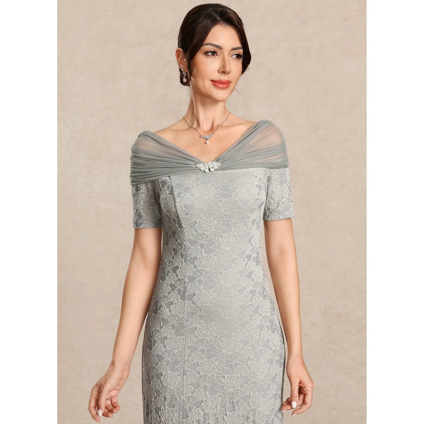 Elegant Sheath Off-Shoulder Short Sleeve Embellished Grey Floor-Length Mother of the Bride Gown