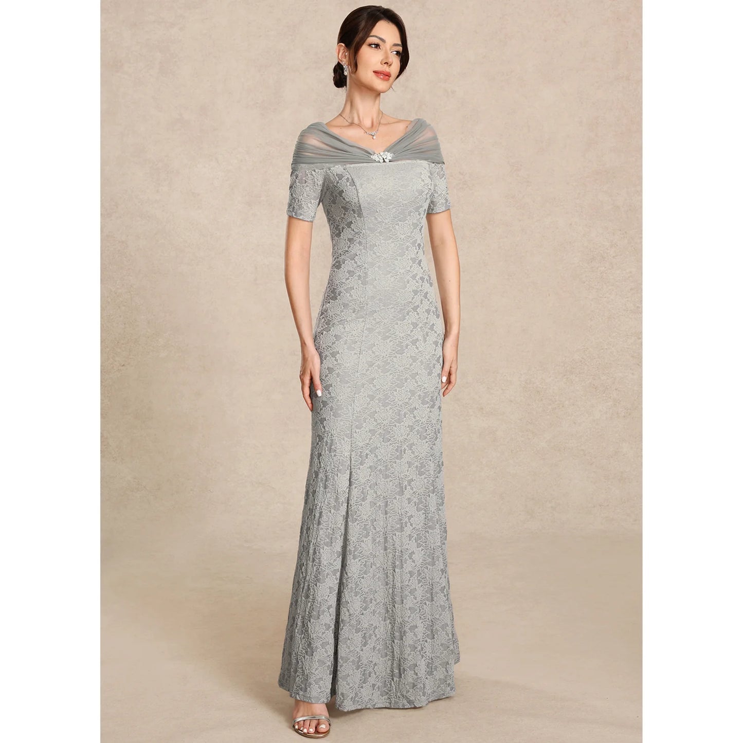 Elegant Sheath Off-Shoulder Short Sleeve Embellished Grey Floor-Length Mother of the Bride Gown