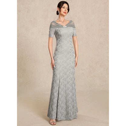 Elegant Sheath Off-Shoulder Short Sleeve Embellished Grey Floor-Length Mother of the Bride Gown
