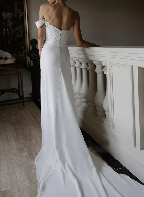 Elegant Sheath Off-Shoulder Sleeveless Draped Pearl-Buttoned White Floor-Length Wedding Gown