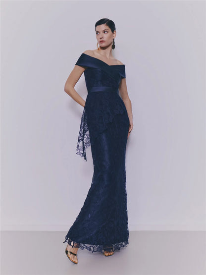 Elegant Sheath Off-Shoulder Sleeveless Peplum Navy Maxi Evening Dresses Women Gown