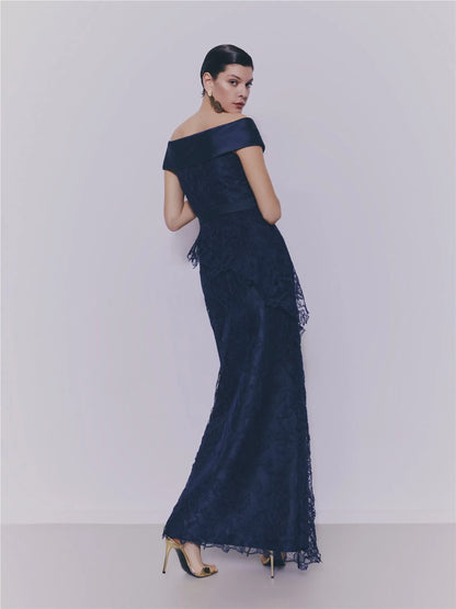 Elegant Sheath Off-Shoulder Sleeveless Peplum Navy Maxi Evening Dresses Women Gown