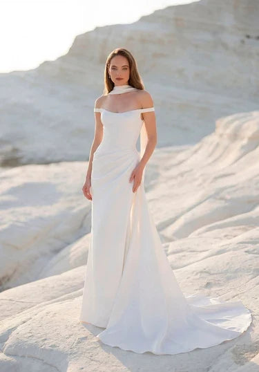 Elegant Sheath Off-Shoulder Sleeveless Ruched Corset White Long Wedding Dresses Bridal