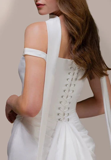 Elegant Sheath Off-Shoulder Sleeveless Ruched Corset White Long Wedding Dresses Bridal