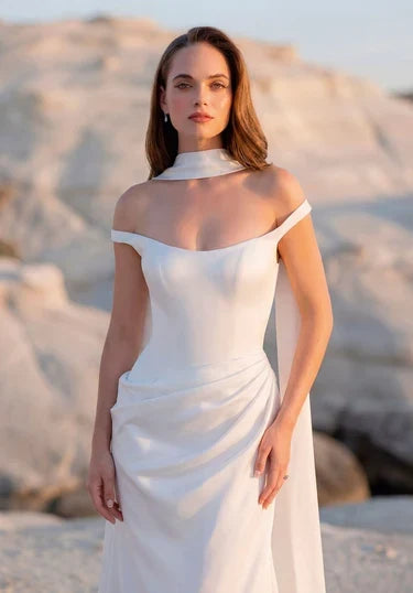 Elegant Sheath Off-Shoulder Sleeveless Ruched Corset White Long Wedding Dresses Bridal