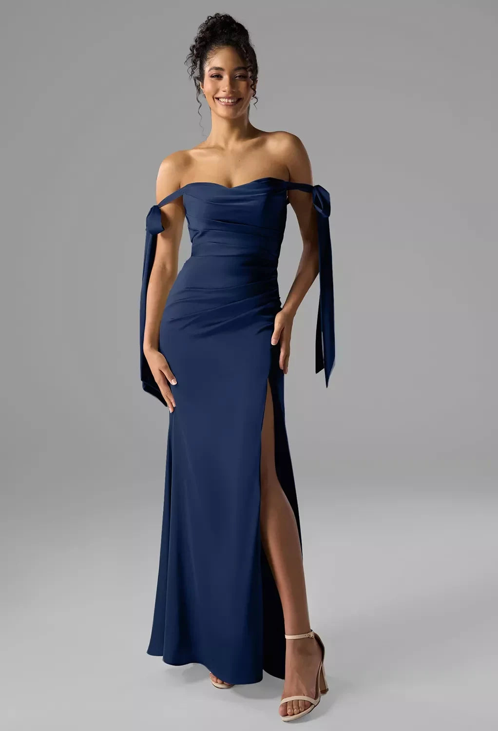 Elegant Sheath Off-Shoulder Sleeveless Ruched Slit Navy Maxi Bridesmaid Dress Women