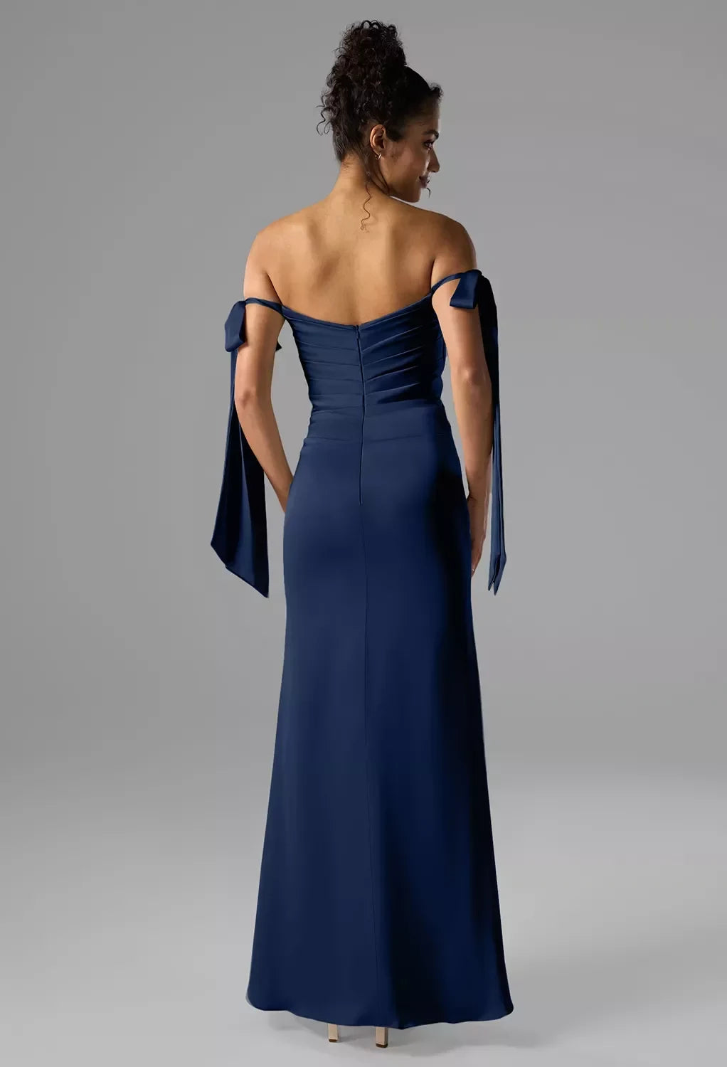 Elegant Sheath Off-Shoulder Sleeveless Ruched Slit Navy Maxi Bridesmaid Dress Women