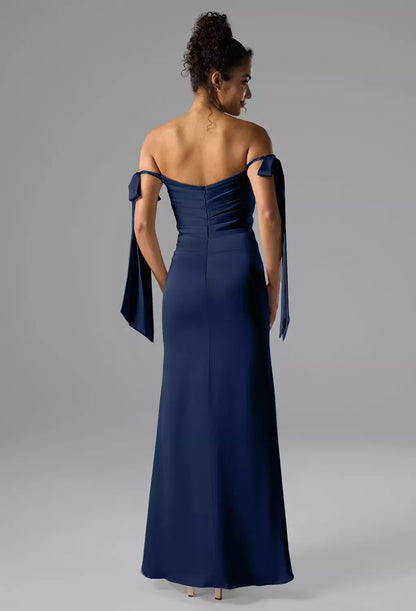 Elegant Sheath Off-Shoulder Sleeveless Ruched Slit Navy Maxi Bridesmaid Dress Women