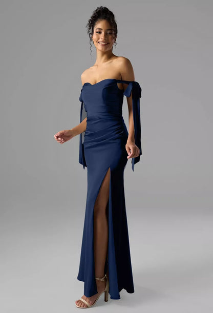 Elegant Sheath Off-Shoulder Sleeveless Ruched Slit Navy Maxi Bridesmaid Dress Women