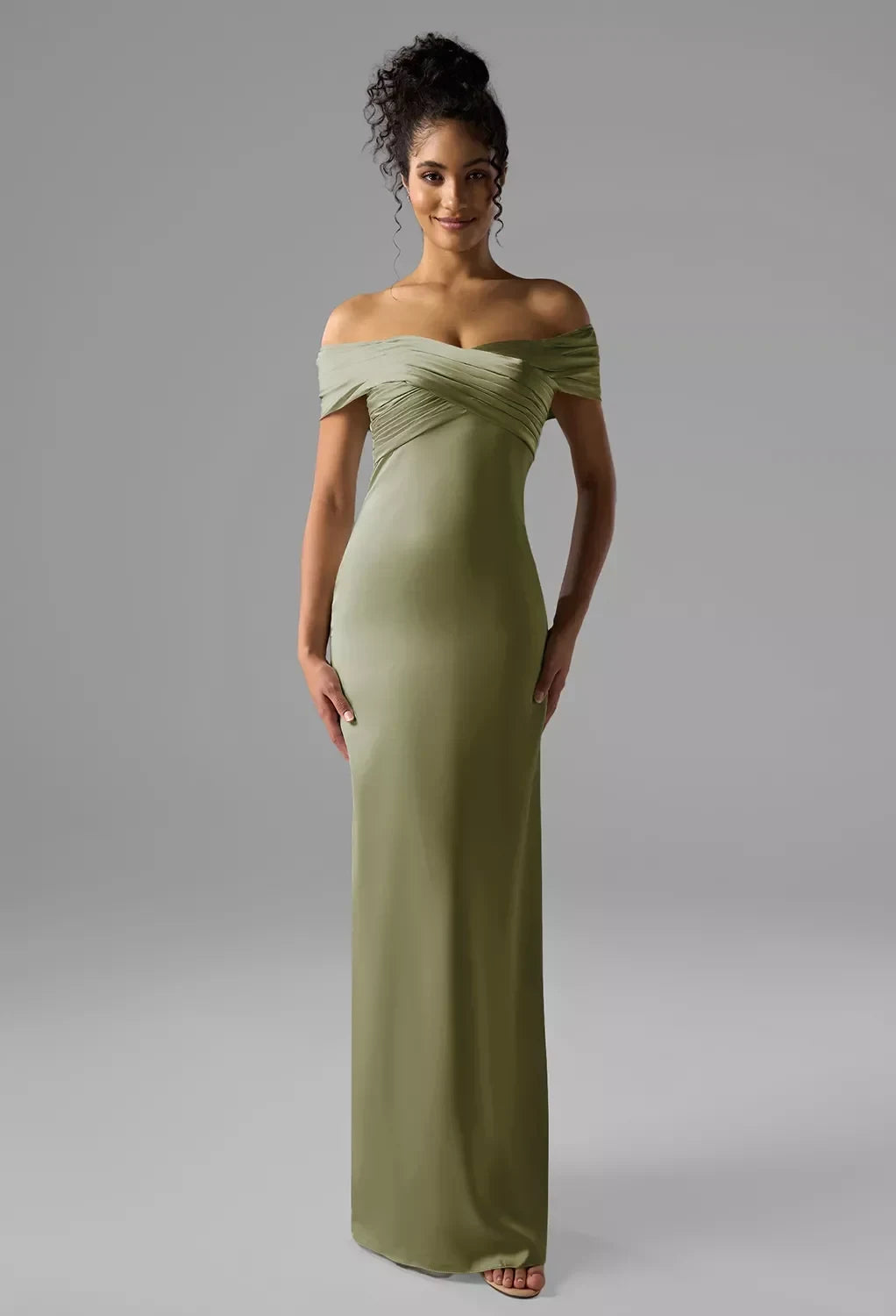 Elegant Sheath Off-Shoulder Sleeveless Ruched Slit Sage Maxi Bridesmaid Dress Gown