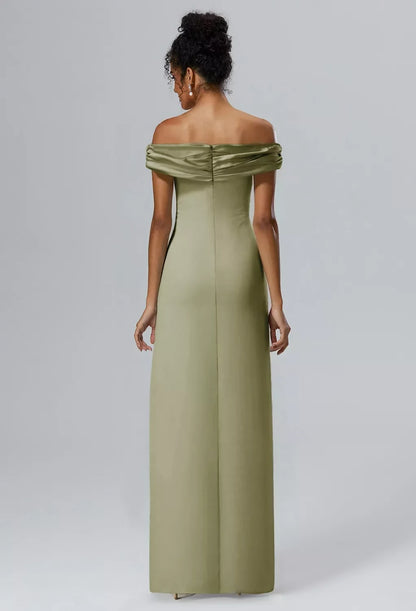 Elegant Sheath Off-Shoulder Sleeveless Ruched Slit Sage Maxi Bridesmaid Dress Gown