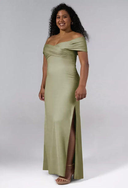 Elegant Sheath Off-Shoulder Sleeveless Ruched Slit Sage Maxi Bridesmaid Dress Gown
