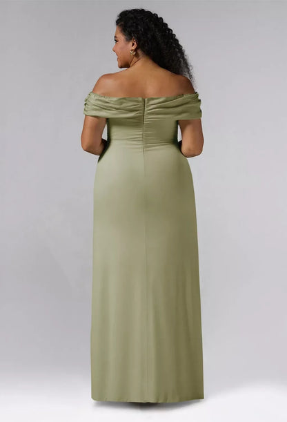 Elegant Sheath Off-Shoulder Sleeveless Ruched Slit Sage Maxi Bridesmaid Dress Gown