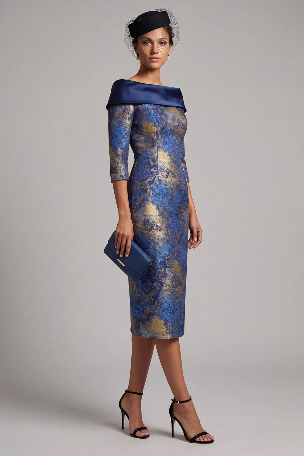 Elegant Sheath Off-Shoulder Three-Quarter Jacquard Blue Gold Midi Prom Dress