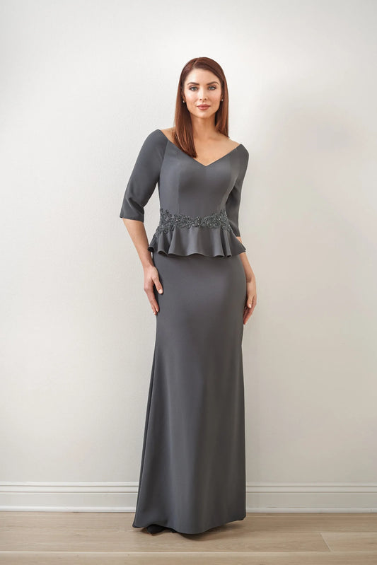 Elegant Sheath Off-Shoulder V-Neck Three-Quarter Sleeve Beaded Peplum Charcoal Grey Mother Of The Bride Gown