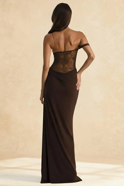 Elegant Sheath One-Shoulder Asymmetrical Draped Lace Chocolate Floor-Length Prom Dress Women's Gown