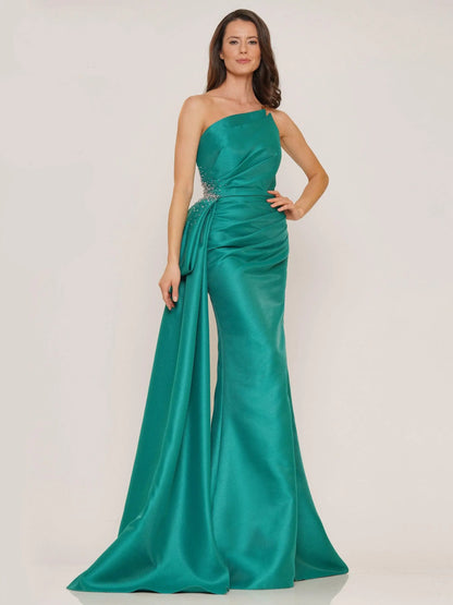 Elegant Sheath One-Shoulder Beaded Draped Teal Floor-Length Mother of the Bride Gown
