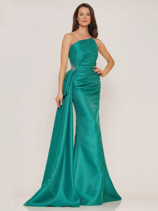 Elegant Sheath One-Shoulder Beaded Draped Teal Floor-Length Mother of the Bride Gown