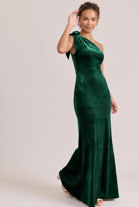 Elegant Sheath One-Shoulder Bow Emerald Green Floor-Length Mother of the Bride Women's Gown