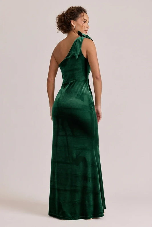 Elegant Sheath One-Shoulder Bow Emerald Green Floor-Length Mother of the Bride Women's Gown