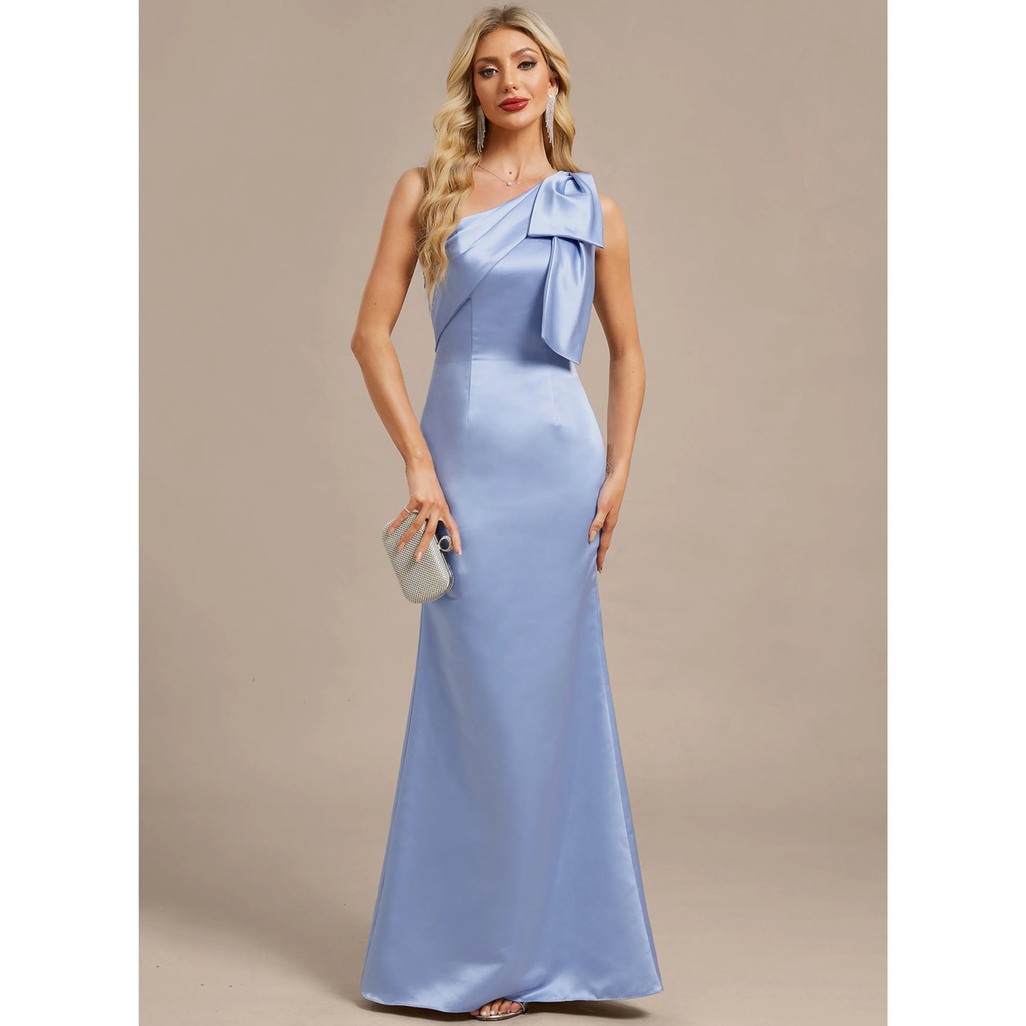 Elegant Sheath One-Shoulder Bow Slit Periwinkle Blue Floor-Length Mother of the Bride Gown