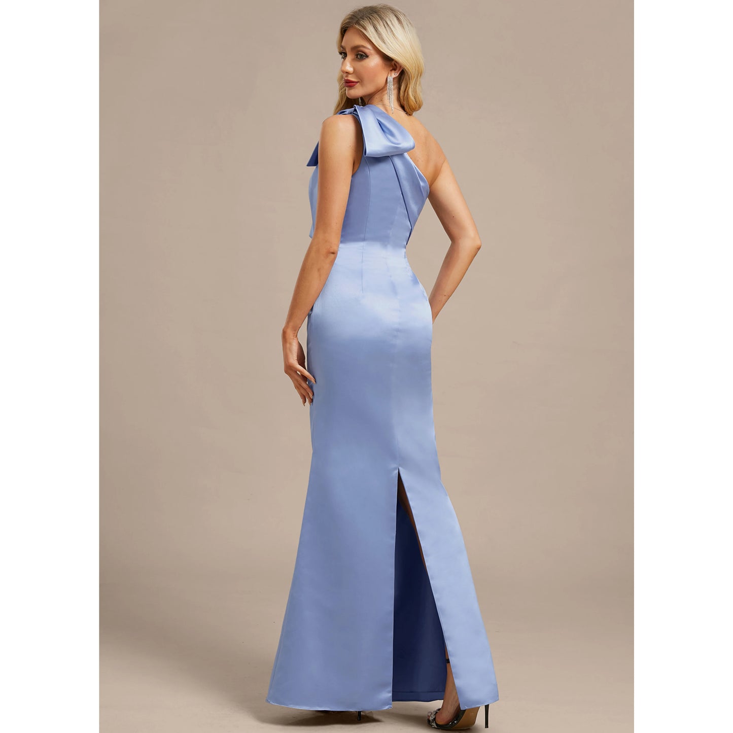 Elegant Sheath One-Shoulder Bow Slit Periwinkle Blue Floor-Length Mother of the Bride Gown