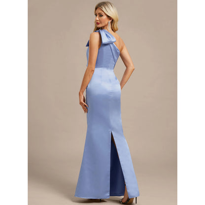 Elegant Sheath One-Shoulder Bow Slit Periwinkle Blue Floor-Length Mother of the Bride Gown