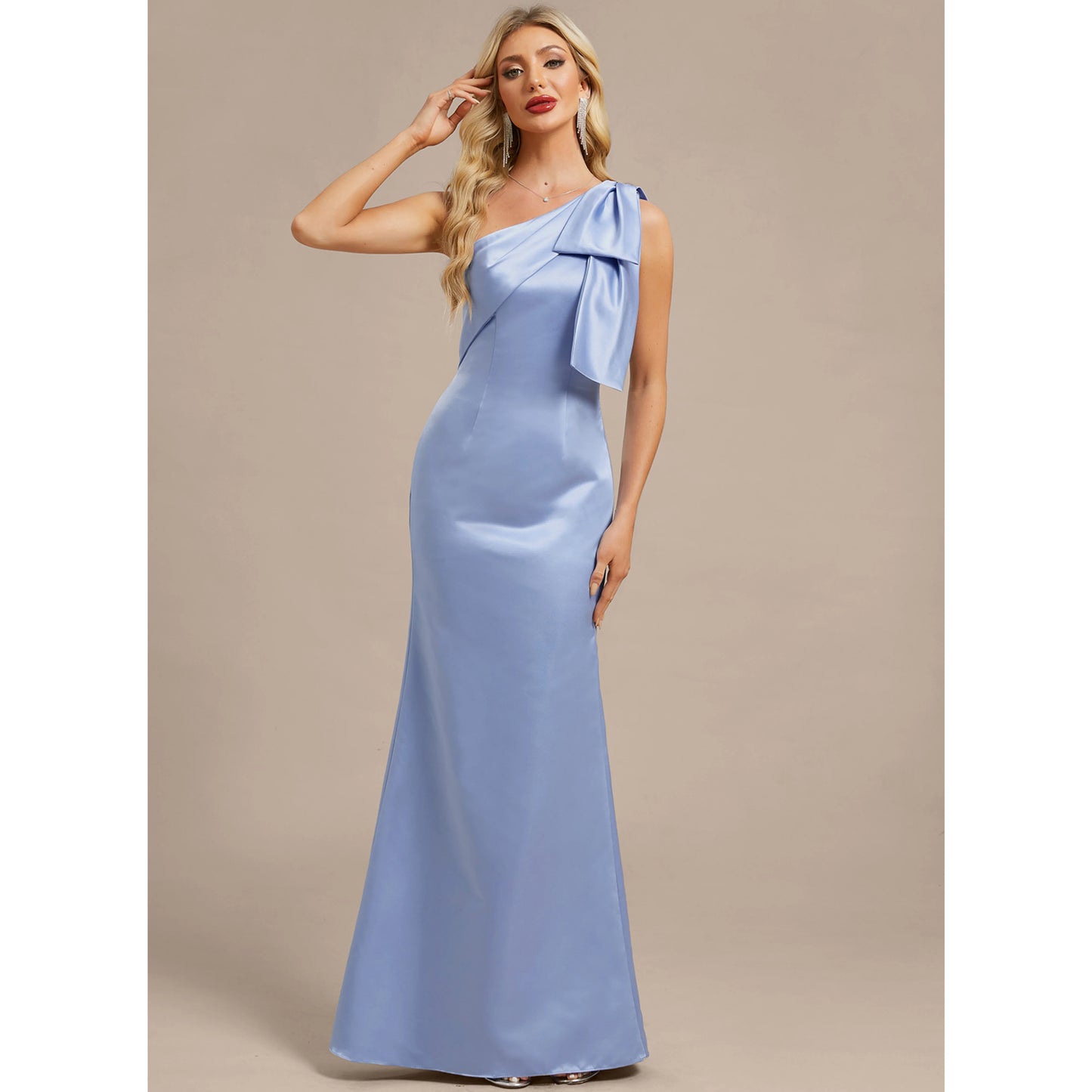 Elegant Sheath One-Shoulder Bow Slit Periwinkle Blue Floor-Length Mother of the Bride Gown