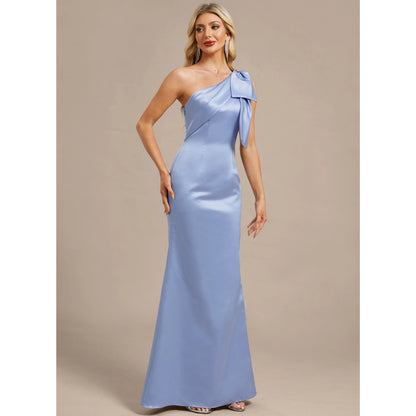 Elegant Sheath One-Shoulder Bow Slit Periwinkle Blue Floor-Length Mother of the Bride Gown