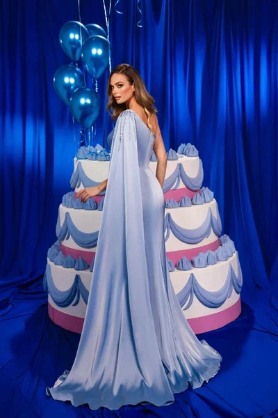 Elegant Sheath One-Shoulder Cape Slit Sky Blue Floor-Length Mother Dress