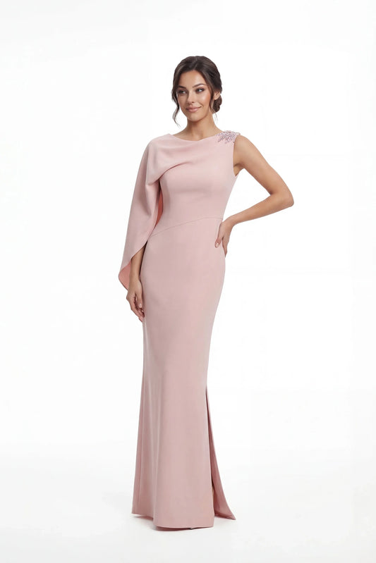 Elegant Sheath One-Shoulder Draped Beaded Blush Floor Mother of the Bride Gown