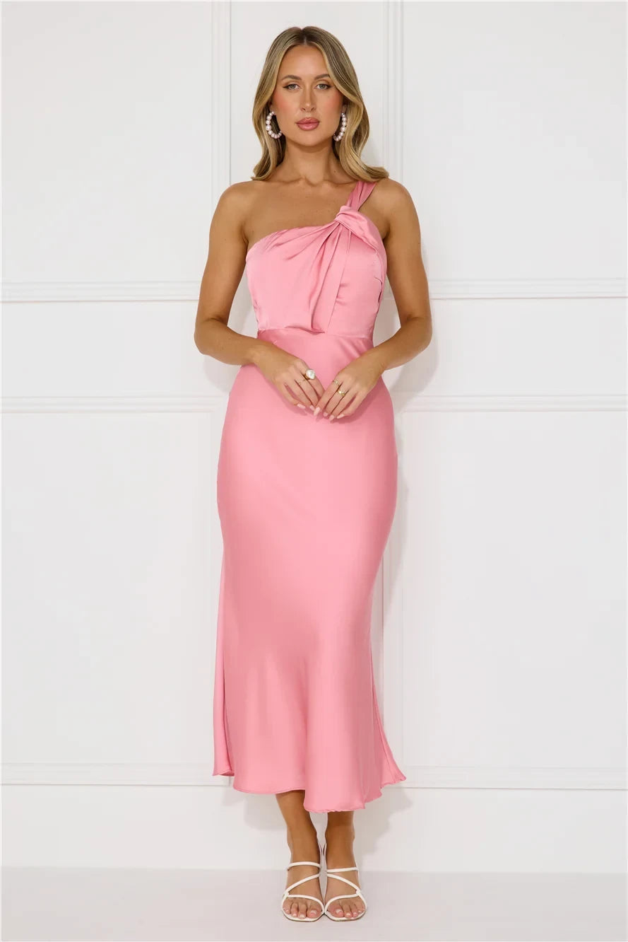 Elegant Sheath One-Shoulder Draped Knot Detail Pink Midi Women's Prom Gown