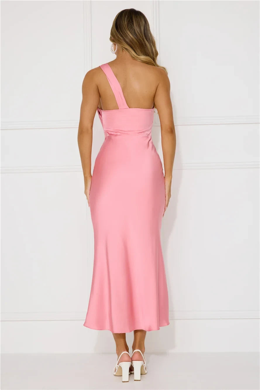 Elegant Sheath One-Shoulder Draped Knot Detail Pink Midi Women's Prom Gown
