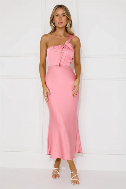Elegant Sheath One-Shoulder Draped Knot Detail Pink Midi Women's Prom Gown