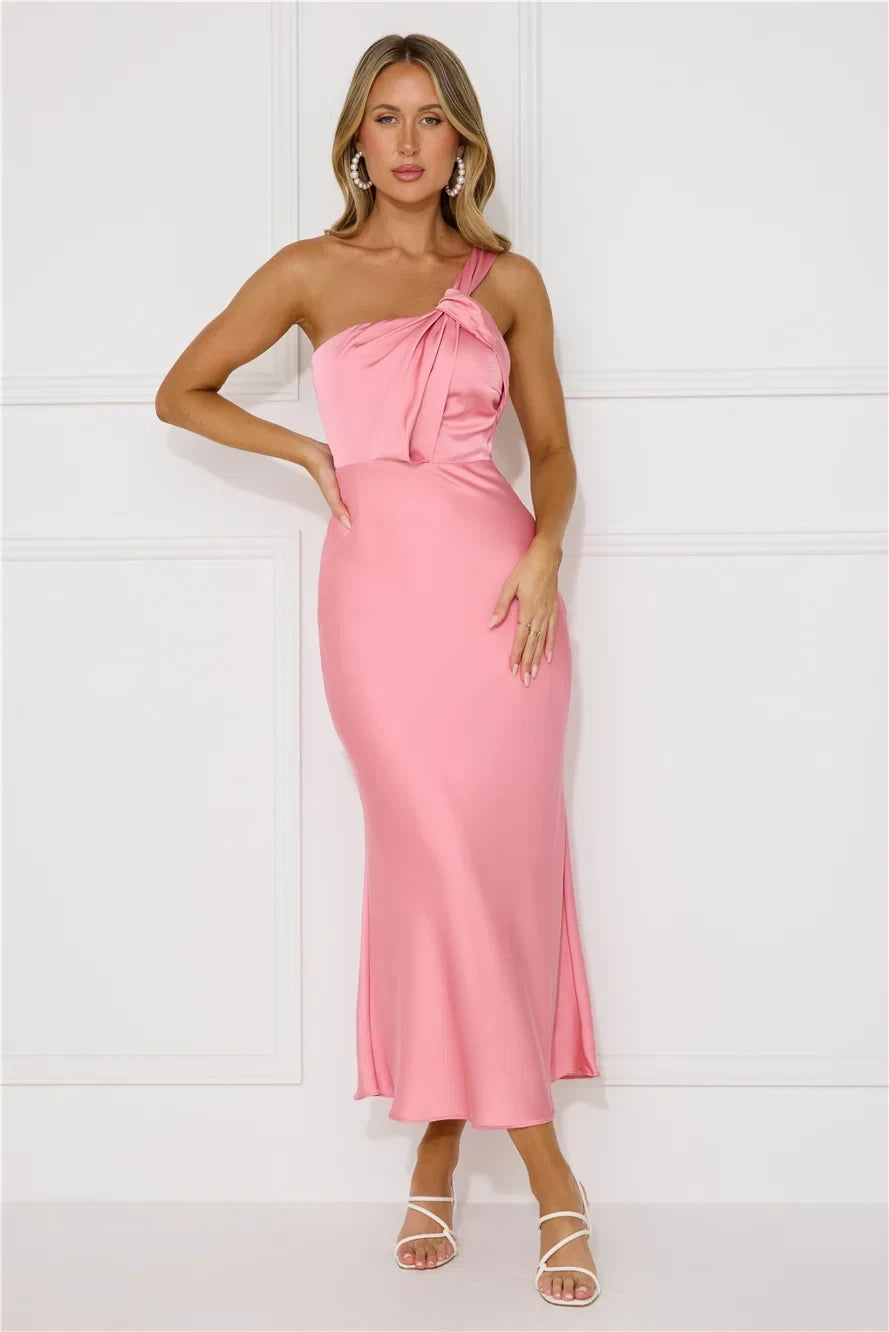 Elegant Sheath One-Shoulder Draped Knot Detail Pink Midi Women's Prom Gown