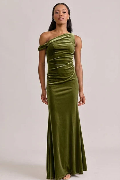 Elegant Sheath One-Shoulder Draped Luxurious Olive Floor-Length Bridesmaid Dress Women's