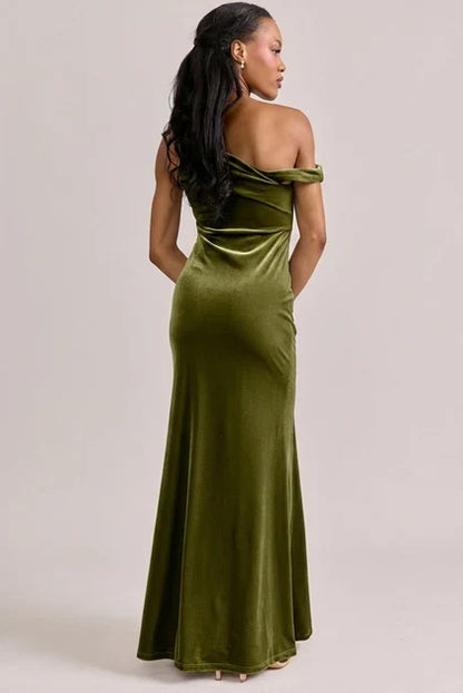 Elegant Sheath One-Shoulder Draped Luxurious Olive Floor-Length Bridesmaid Dress Women's