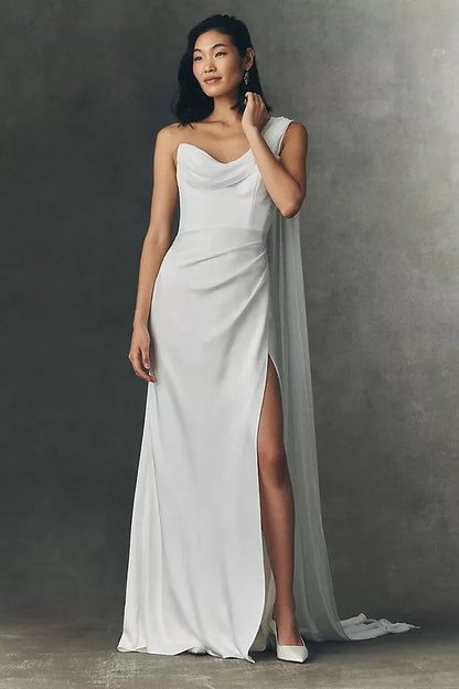 Elegant Sheath One-Shoulder Draped Slit White Floor-Length Wedding Dresses for Brides