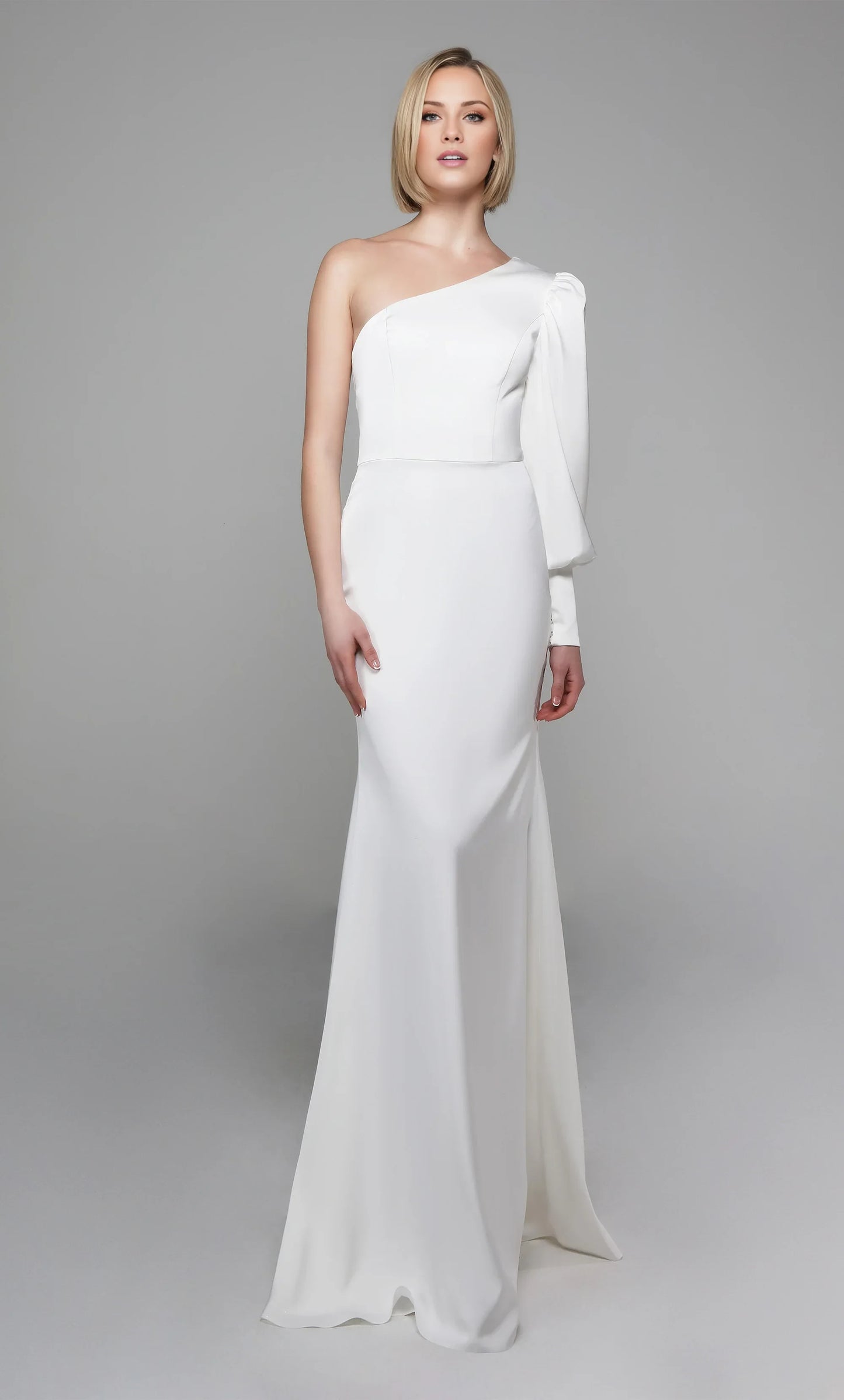 Elegant Sheath One-Shoulder Long Sleeve White Floor-Length Wedding Gown