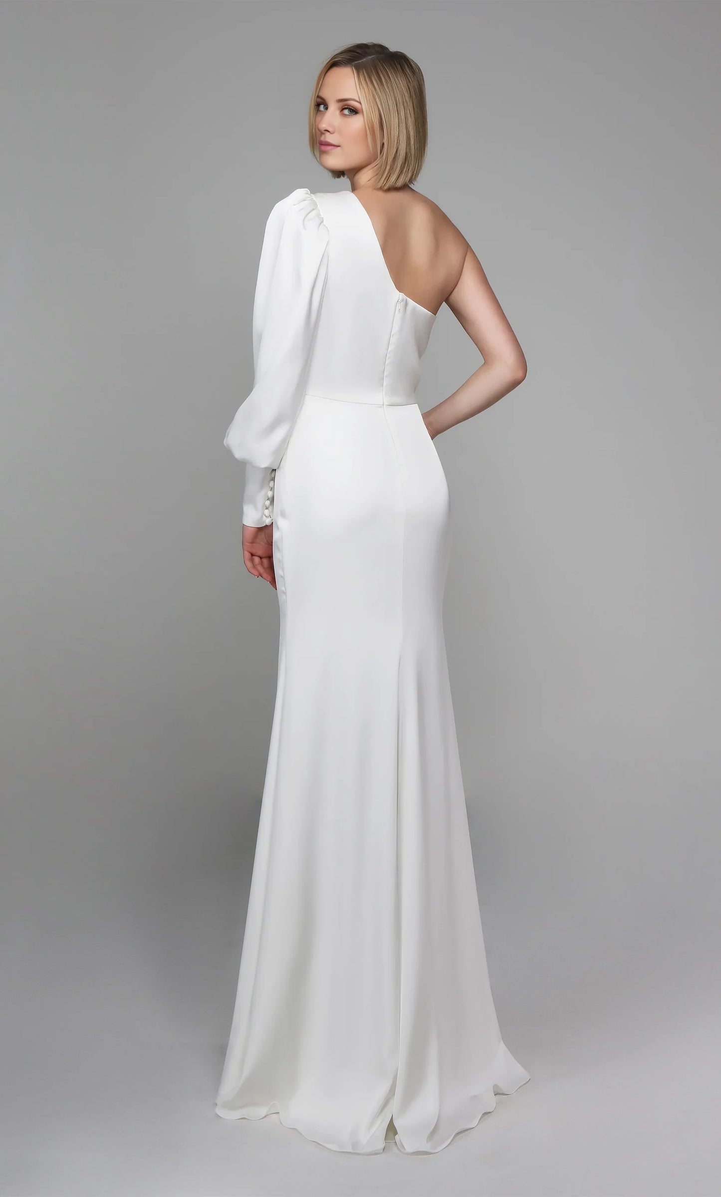 Elegant Sheath One-Shoulder Long Sleeve White Floor-Length Wedding Gown