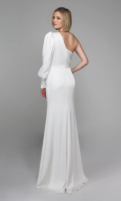 Elegant Sheath One-Shoulder Long Sleeve White Floor-Length Wedding Gown