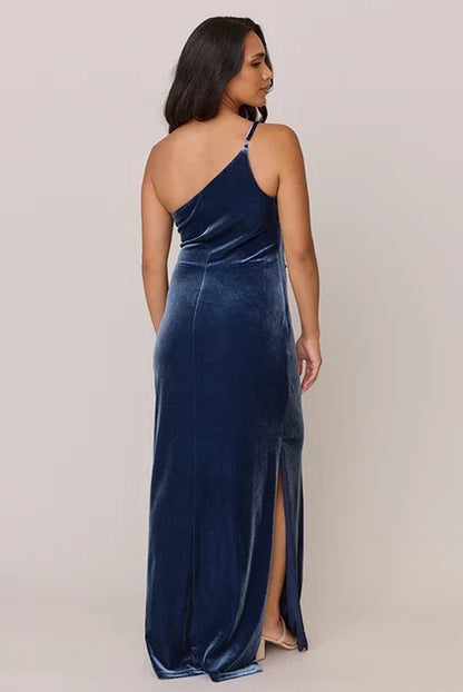 Elegant Sheath One-Shoulder Ruched Slit Jade Floor-Length Bridesmaid Dress Women's Gown